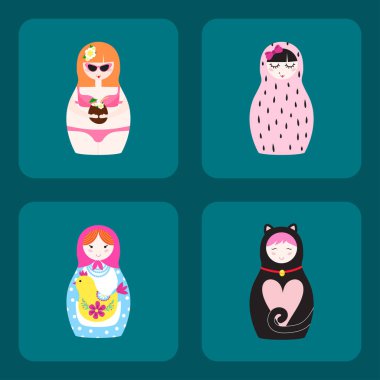 Matryoshka Geleneksel Rus iç içe bebek oyuncak çocuk yüz ve eşarp kadın hediye illüstrasyon ile el yapımı süs şekil desenli vektör.