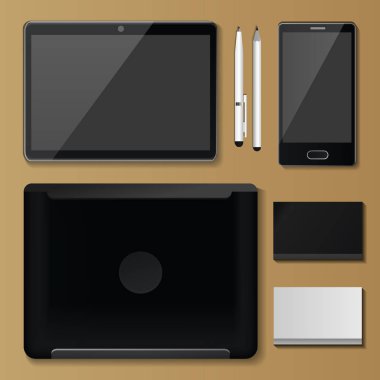 Kurumsal kimlik mock-up vektör premium şablonu illüstrasyon marka iş Ofis Kırtasiye gerçekçi 3d mockup üstten görünüm ayarlama.