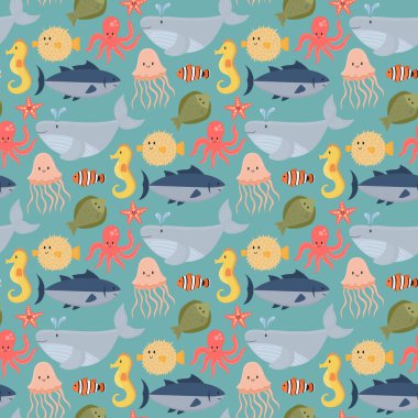 Deniz hayvanları yaratıklar karakter karikatür okyanus yaban hayatı deniz sualtı akvaryum hayat su grafik su tropikal hayvanların Dikişsiz desen arka plan illüstrasyon vektör.