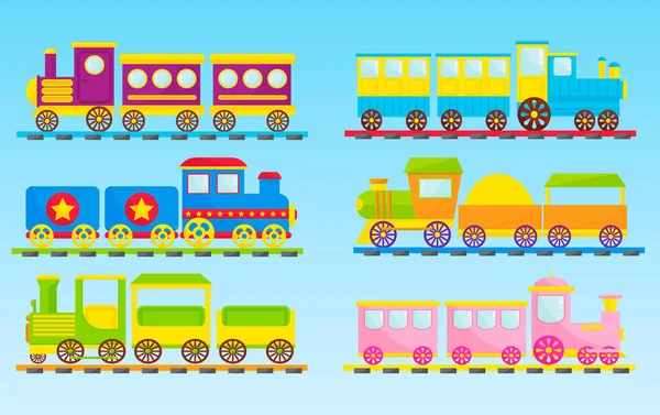 Crianças trem vetor desenho animado brinquedo com blocos de locomotivas coloridas ferrovia jogo de transporte diversão lazer alegria presente crianças transporte ilustração . — Vetor de Stock