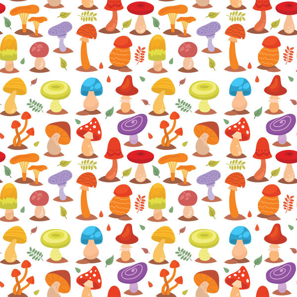 Mushrooms fungus agaric toadstool different art style design fungi vector illustration red hat seamless pattern background