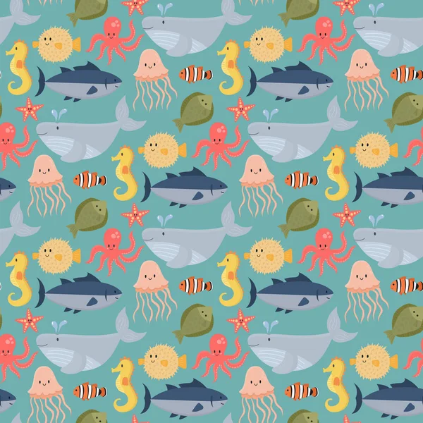 Deniz hayvanları yaratıklar karakter karikatür okyanus yaban hayatı deniz sualtı akvaryum hayat su grafik su tropikal hayvanların Dikişsiz desen arka plan illüstrasyon vektör.