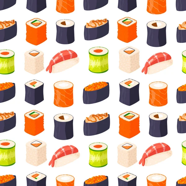 Sushi rolos vetor de alimentos e frutos do mar gourmet japonês algas tradicionais fresco lanche cru ilustração sem costura padrão fundo —  Vetores de Stock