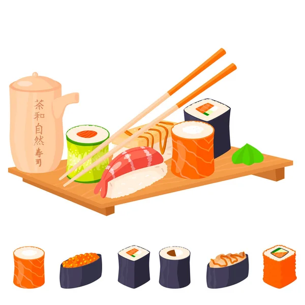 Sushi rola comida vetorial e frutos do mar gourmet japoneses tradicional alga marinha fresco snack ilustração —  Vetores de Stock