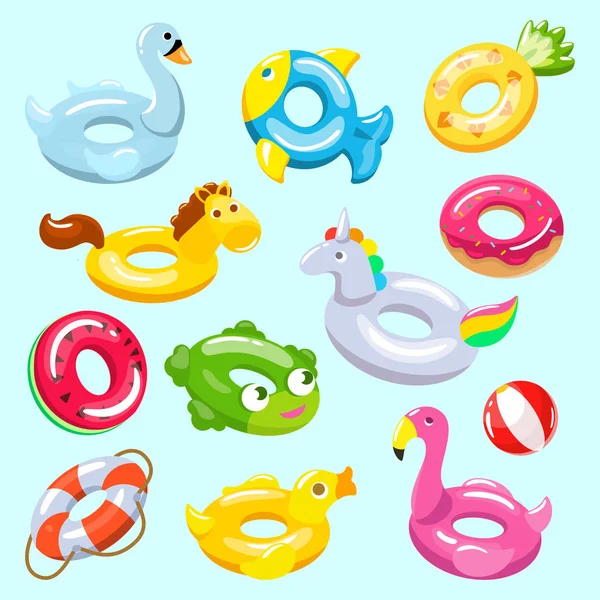 Opblaasbare vector opgeblazen zwemmen ring en leven-ring in zwembad voor zomer vakantie illustratie set van inflatie rubber speelgoed flamingo of donut geïsoleerd op achtergrond — Stockvector
