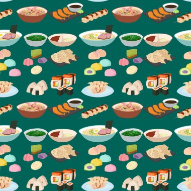 Suşi Japon mutfağının geleneksel gıda düz sağlıklı gurme seamless modeli yemek kültürü rulo vektör çizim.