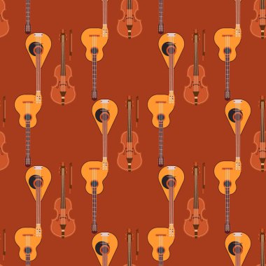 Dikişsiz desen arka plan yaylı müzik aletleri klasik Orkestrası sanat ses aracı ve akustik Senfoni yaylı keman ahşap donanımları vektör çizim