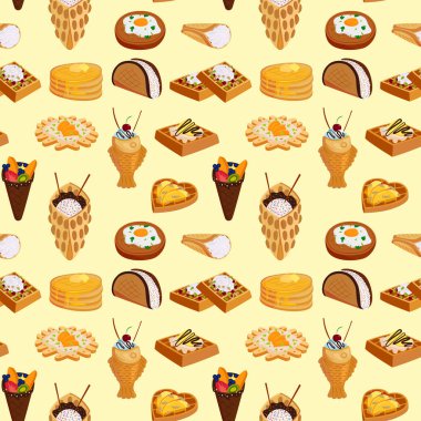 Kremalı tatlı çıtır ekmek yiyecek vektör çizim gofret çerezleri Dikişsiz desen arka plan gözleme Kek pasta kurabiye bisküvi lezzetli snack