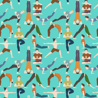 Yoga pozisyonları mans karakter sınıfı meditasyon Dikişsiz desen arka plan erkek konsantrasyon insan barış yaşam tarzı vektör çizim.