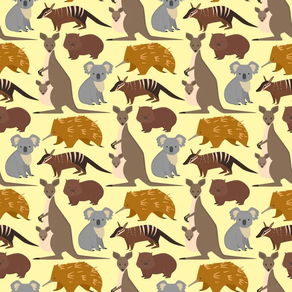 Australia animales salvajes dibujos animados personajes de la naturaleza popular patrón sin costuras fondo estilo plano mamífero colección vector ilustración . — Vector de stock