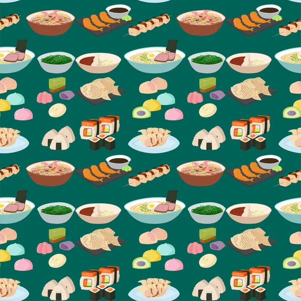 Sushi japanische Küche traditionelles Essen flache gesunde Gourmet nahtlose Muster Mahlzeit Kultur Rollenvektor Illustration. — Stockvektor