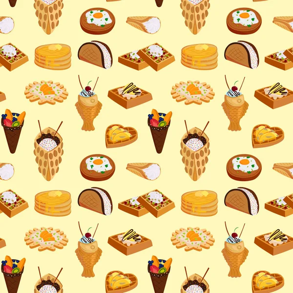 Wafer cookies seamless pattern background waffle cakes pastry cookie biscuit delicious snack cream dessert crispy bakery food vector illustration — Stock Vector