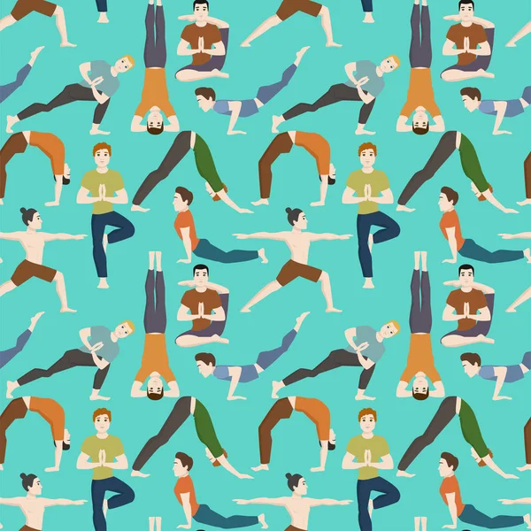 Yoga pozisyonları mans karakter sınıfı meditasyon Dikişsiz desen arka plan erkek konsantrasyon insan barış yaşam tarzı vektör çizim.
