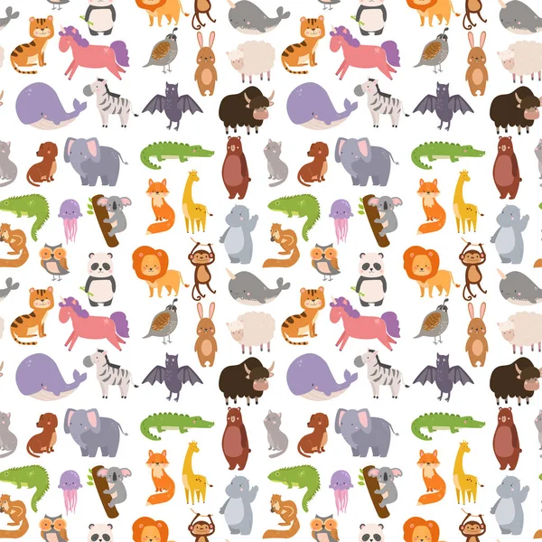 Animales dibujos animados fauna naturaleza sin costuras patrón fondo selva textura pájaro colorido retro fondo de pantalla vector — Archivo Imágenes Vectoriales