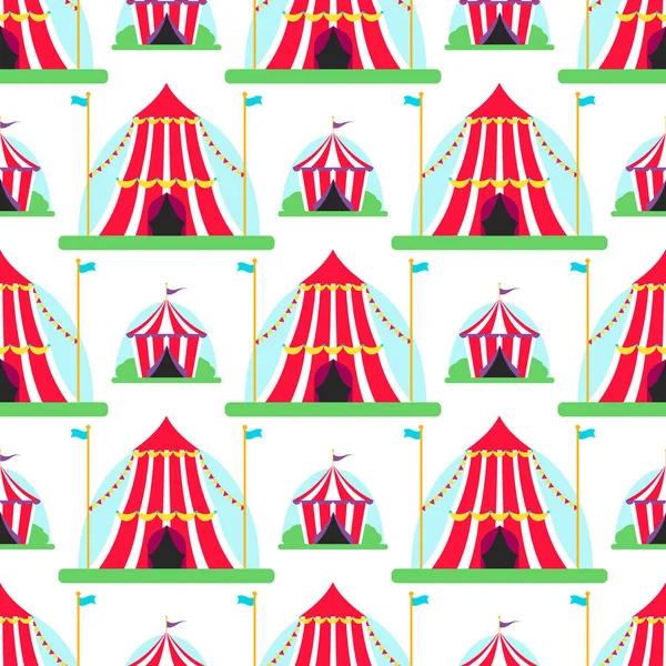 Cirkuszi show szórakozás sátor sátor szabadtéri fesztivál csíkok zászlók karnevál varrat nélküli mintát háttér vektor illusztráció. — Stock Vector