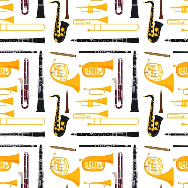 Instrumentos musicales de viento herramientas acústico músico equipo orquesta sin costura patrón fondo vector ilustración — Vector de stock