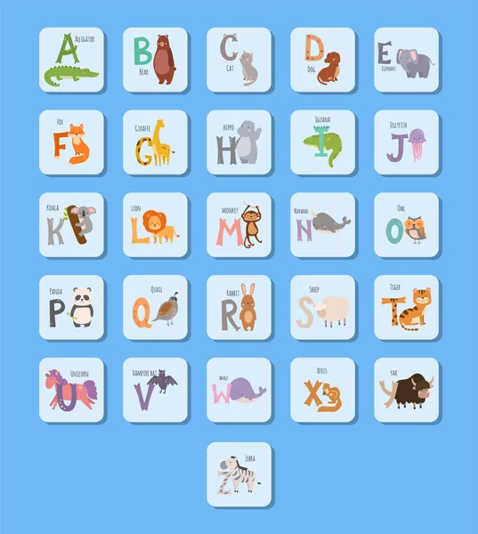Милый зоопарк алфавит с мультяшными животными смешные буквы дикой природы изучать типографику шрифта язык векторной иллюстрации . — стоковый вектор