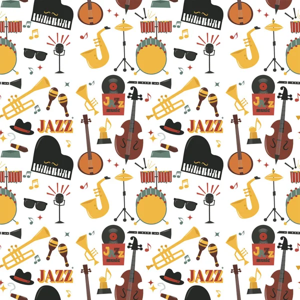 Instrumentos musicales de jazz herramientas fondo jazzband piano saxofón música patrón inconsútil sonido vector ilustración rock concierto nota . — Vector de stock