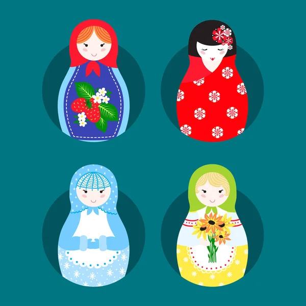 Matryoshka vector traditionele Russische nesten doll speelgoed met handgemaakte sieraad figuur patroon met kind gezicht en Baboesjka vrouw souvenir illustratie. — Stockvector