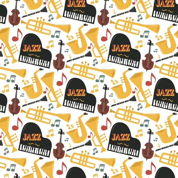 Instrumentos musicales de jazz herramientas fondo jazzband piano saxofón música patrón inconsútil sonido vector ilustración rock concierto nota . — Vector de stock