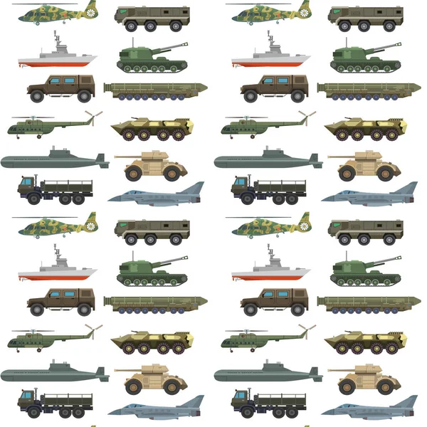 Military transport vector vehicle technic army war tanks and industry armor defense transportation weapon seamless pattern background illustration. — Stock Vector