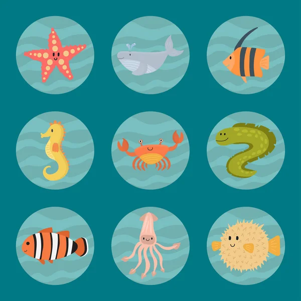 Zeedieren vector wezens tekens cartoon Oceaan wildlife mariene onderwater aquarium leven water grafische aquatische tropische beesten illustratie. — Stockvector