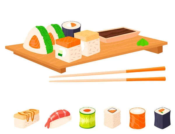 Sushi rollos vector de alimentos y mariscos gourmet japonés tradicional algas frescas snack ilustración — Vector de stock