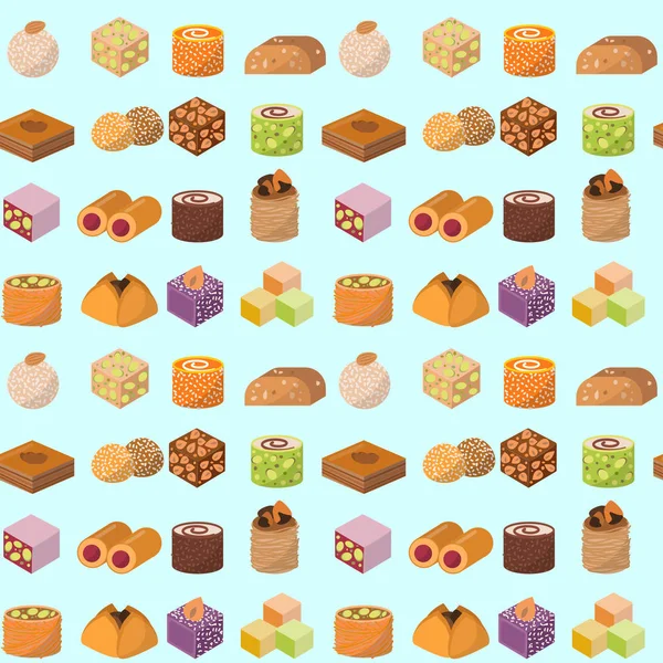 Dulces este delicioso postre comida vector confitería surtido casero pastel de chocolate sabrosa panadería dulzura delicias ilustración patrón sin costuras fondo — Vector de stock