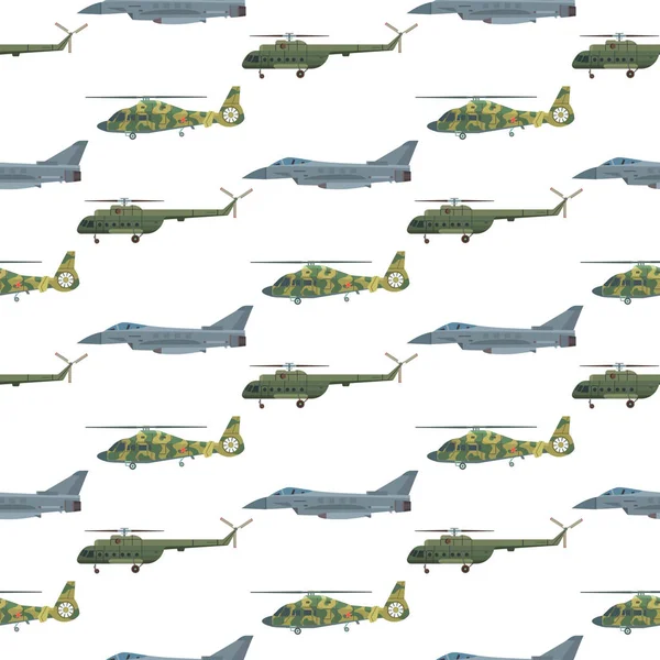 Military transport vector helicopter technic army war plane and industry armor defense transportation weapon illustration seamless pattern background. — Stock Vector