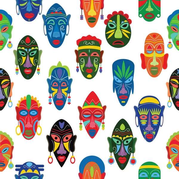 Máscara tribal vetor Africano rosto mascarar e mascarar a cultura étnica na África ilustração conjunto de tradicional mascarado símbolo sem costura padrão fundo — Vetor de Stock