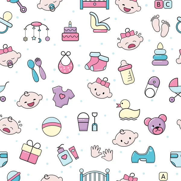 Baby icons vector kids toy for infant boys or girls in babyroom and childs bottle or stroller illustration set of children signs bed for newborn seamless pattern background — Stock Vector