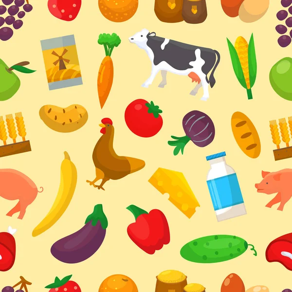 Bio-Lebensmittelvektoranbau oder Gartenarbeit Infografik mit Landwirt oder Gärtner Charakter und Bauernhöfe Naturprodukte Illustration Set von gesundem Obst oder Gemüse nahtlose Muster Hintergrund — Stockvektor