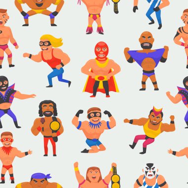 Güreşçi vektör maskeli adam karakter ve mücadele resimde kümesi güreşi sporcu kostüm Dikişsiz desen arka planda güreş luchador maskeleme