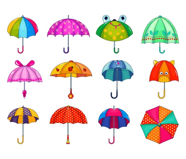 Niños paraguas vector infantil paraguas en forma de lluvia protección abierta y niños parasol punteado ilustración conjunto de cubierta protectora infantil aislado sobre fondo blanco — Vector de stock