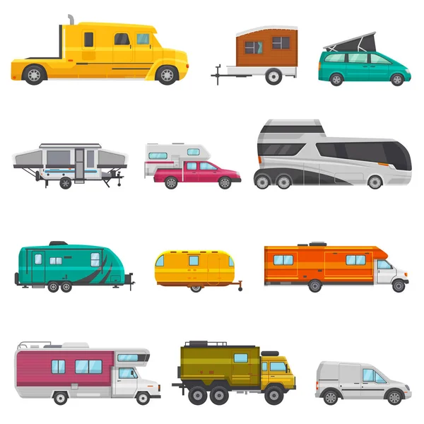 Caravana vector camping remolque y vehículo caravana rv para viajar o viaje ilustración transportable conjunto de furgoneta de campamento o transporte turístico aislado sobre fondo blanco — Vector de stock
