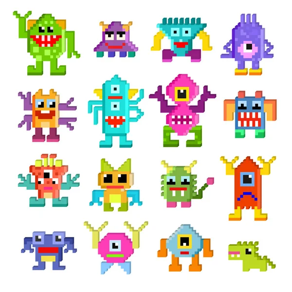 Monster alien vector cartoon pixel monstrous character of monstrosity and alienation illustration monstrously set of cute alienated pixy creature on halloween for kids isolated on white background — Stock Vector
