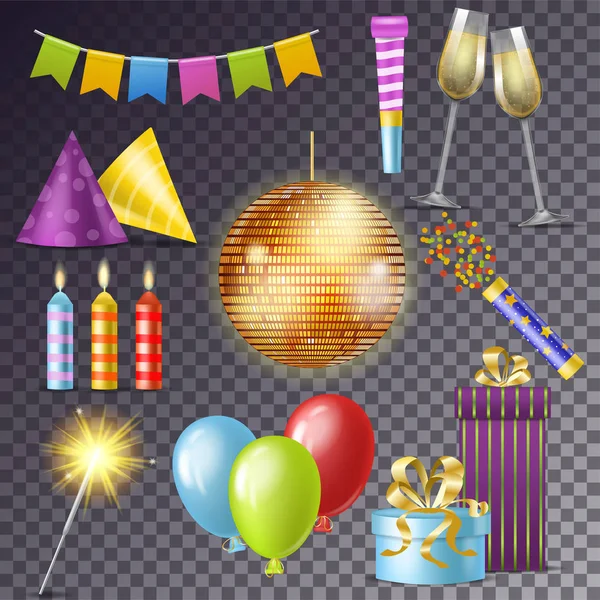 Verjaardag partij vector cartoon verheugd geboorte feest met geschenken of ballonnen op verjaardag set discobal of kaars en Nieuwjaar sparkler illustratie geïsoleerd op transparante achtergrond — Stockvector