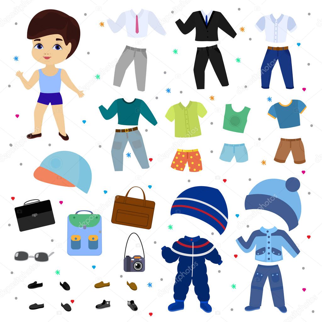 Paper doll vector boy dress up clothing with fashion pants or shoes illustration boyish set of male clothes for cutting cap or T-short isolated on white background