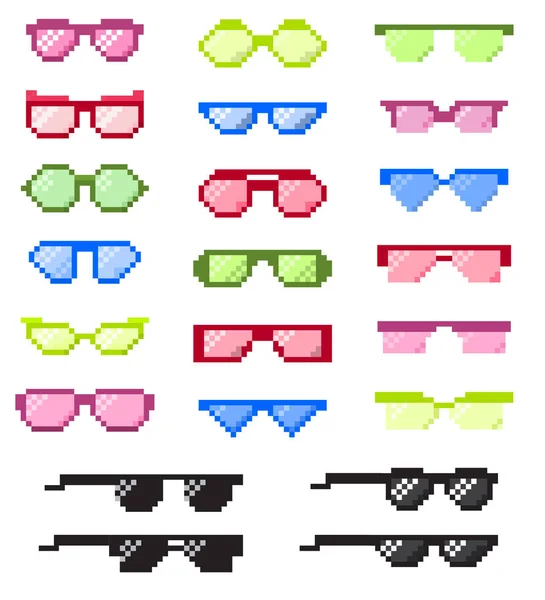 Очки пиксель с векторными глазами мультипликационные очки рамка или солнцезащитные очки и аксессуары модные оптические рамки очки зрения зрения зрения пикселизированный набор иллюстраций на белом фоне — стоковый вектор