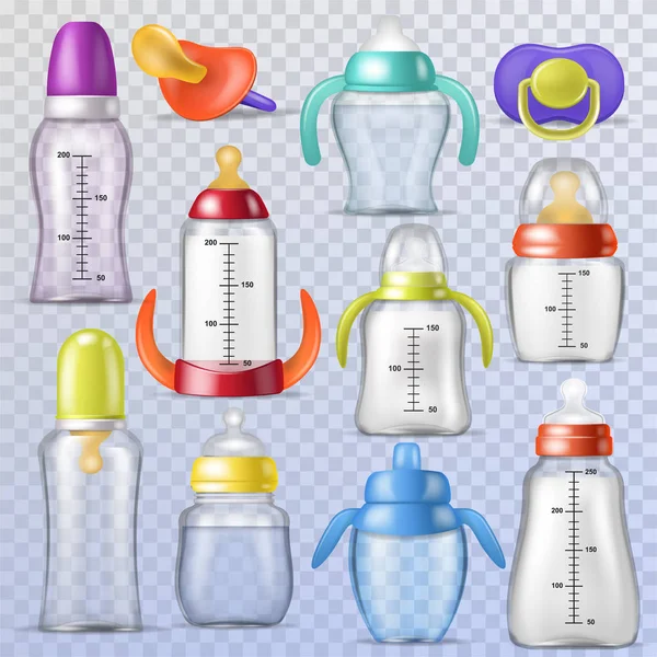 Babyflaschenvektor Kinder Plastikbehälter mit Milch oder abgefüllter Flüssigkeit zum Trinken und Kindernippel oder Säuglingsattrappe Illustration kindisches Set steriler Schnuller isoliert auf transparentem Hintergrund — Stockvektor