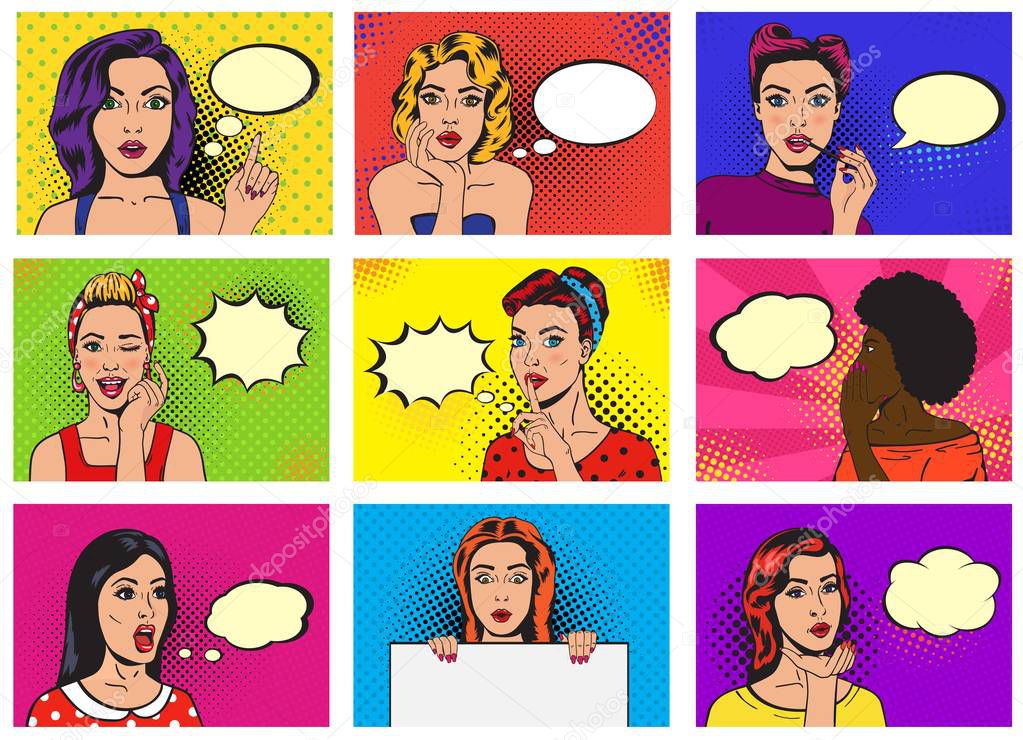 Comic woman vector popart cartoon girl character speaking bubble speech or comicgirl illustration female set of beautiful lady pinup with pretty face in fashion style on background