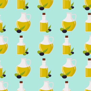 Zeytin yağı zeytin yaprağı Dikişsiz desen sağlık ağacı yaprak şube meyve arka plan illüstrasyon ile cam şişe Premium bakire vektör.