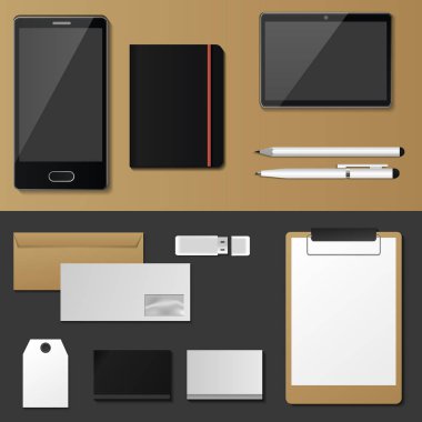 Kurumsal kimlik mock-up vektör premium şablonu illüstrasyon marka iş Ofis Kırtasiye gerçekçi 3d mockup üstten görünüm ayarlama.