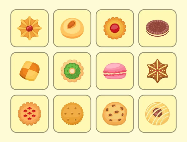 Diferentes pasteles de galletas vista superior comida dulce sabroso bocadillo galleta dulce postre vector ilustración . — Vector de stock