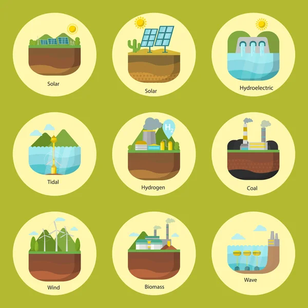 Generación tipos de energía vector de plantas de energía renovables fuente alternativa solar y mareomotriz, eólica y geotérmica, biomasa e ilustración de olas . — Archivo Imágenes Vectoriales