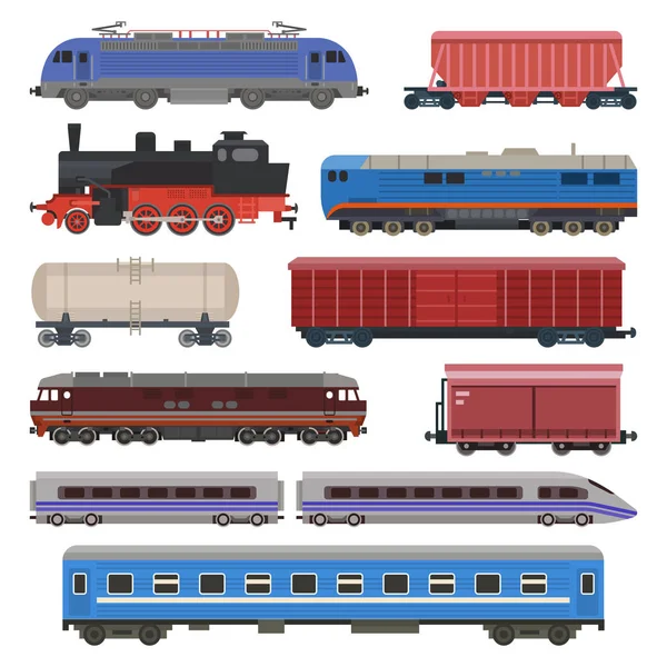 Tåg vektor järnvägen transport lokomotiv eller vagn och tunnelbana eller metro transport illustration uppsättning transportabla fordon eller transport på järnvägsstation isolerad på vit bakgrund — Stock vektor