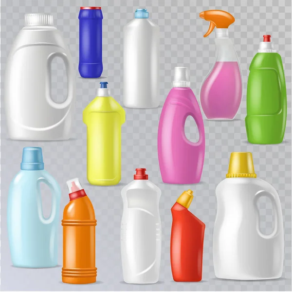 Botella de detergente vector contenedor de plástico en blanco con líquido de detergente y maqueta producto de limpieza doméstica para ropa ilustración conjunto de paquete de detergente de limpieza aislado sobre fondo transparente — Archivo Imágenes Vectoriales