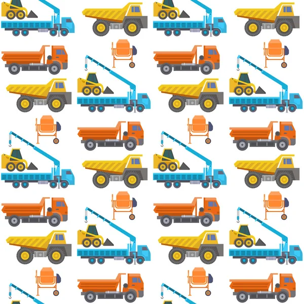Construcción entrega camión vector transporte vehículo construcción y carretera camiones máquina equipo gran plataforma industrial camión sin costura patrón fondo ilustración . — Archivo Imágenes Vectoriales