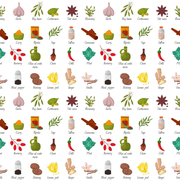 Condimentos especias patrón inconsútil backgroun condimento alimentos hierbas decorativas sabores orgánicos saludables aroma vegetal vector ilustración . — Vector de stock