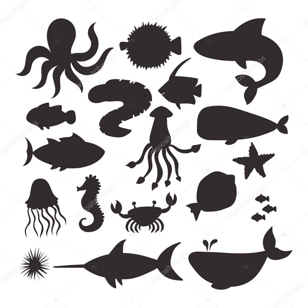 Sea animals vector silhouette creatures characters cartoon ocean wildlife marine underwater aquarium life water graphic aquatic tropical exotic beasts illustration.